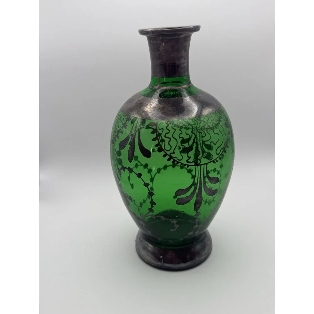 VTG Italian Emerald Green Glass Decanter & Glasses Silver Overlay Florence Italy